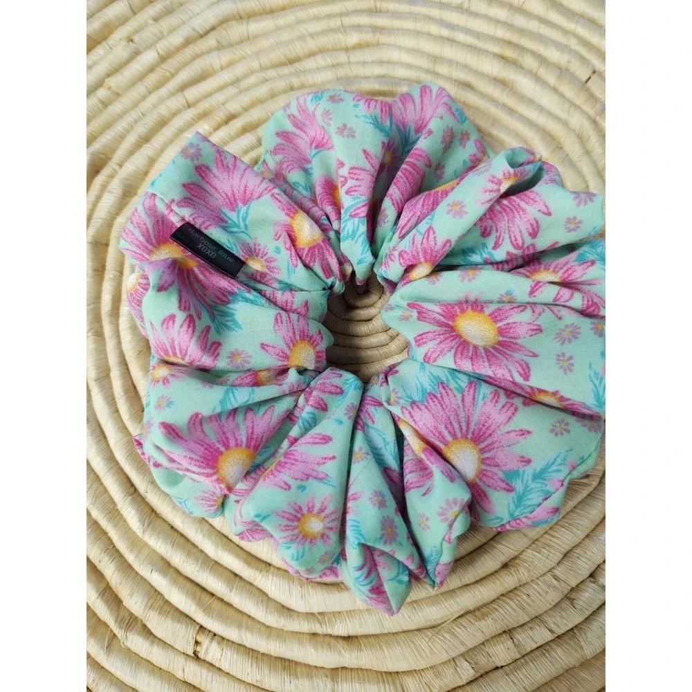 Mint Green Aster Floral Polyester Cotton Blend XXL‎ Scrunchie 7